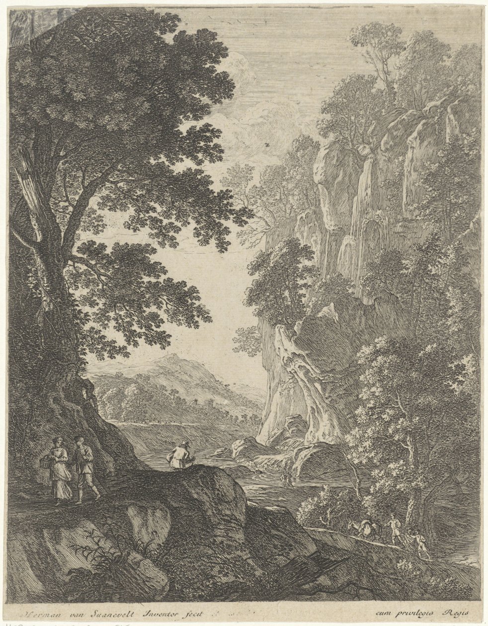 Paisagem montanhosa com cachoeira Paisagens (título da série) de Herman van Swanevelt