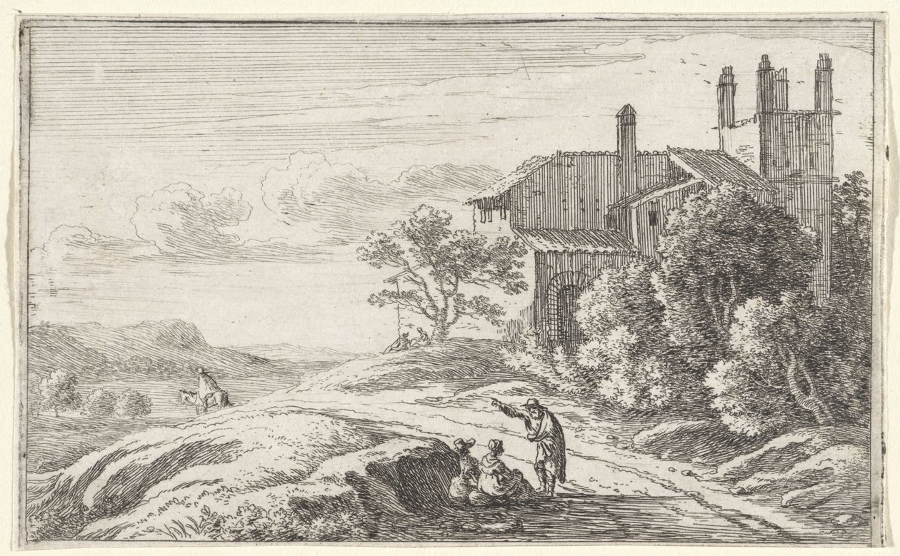 Edifício com uma torre quadrada
Página de título e doze vistas de Roma (título da série) de Herman van Swanevelt