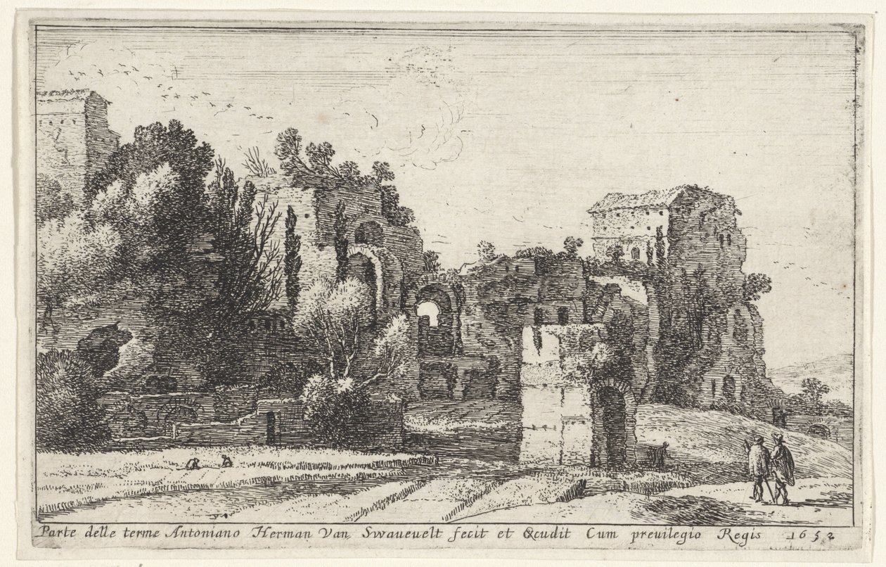 Vista dos banhos de Caracalla
Parte delle terme Antoniano (título sobre o objecto)
Página de título e doze vistas de Roma e arredores (título da série)
Diverses veuës dedans et dehors de Rome (título da série) de Herman van Swanevelt