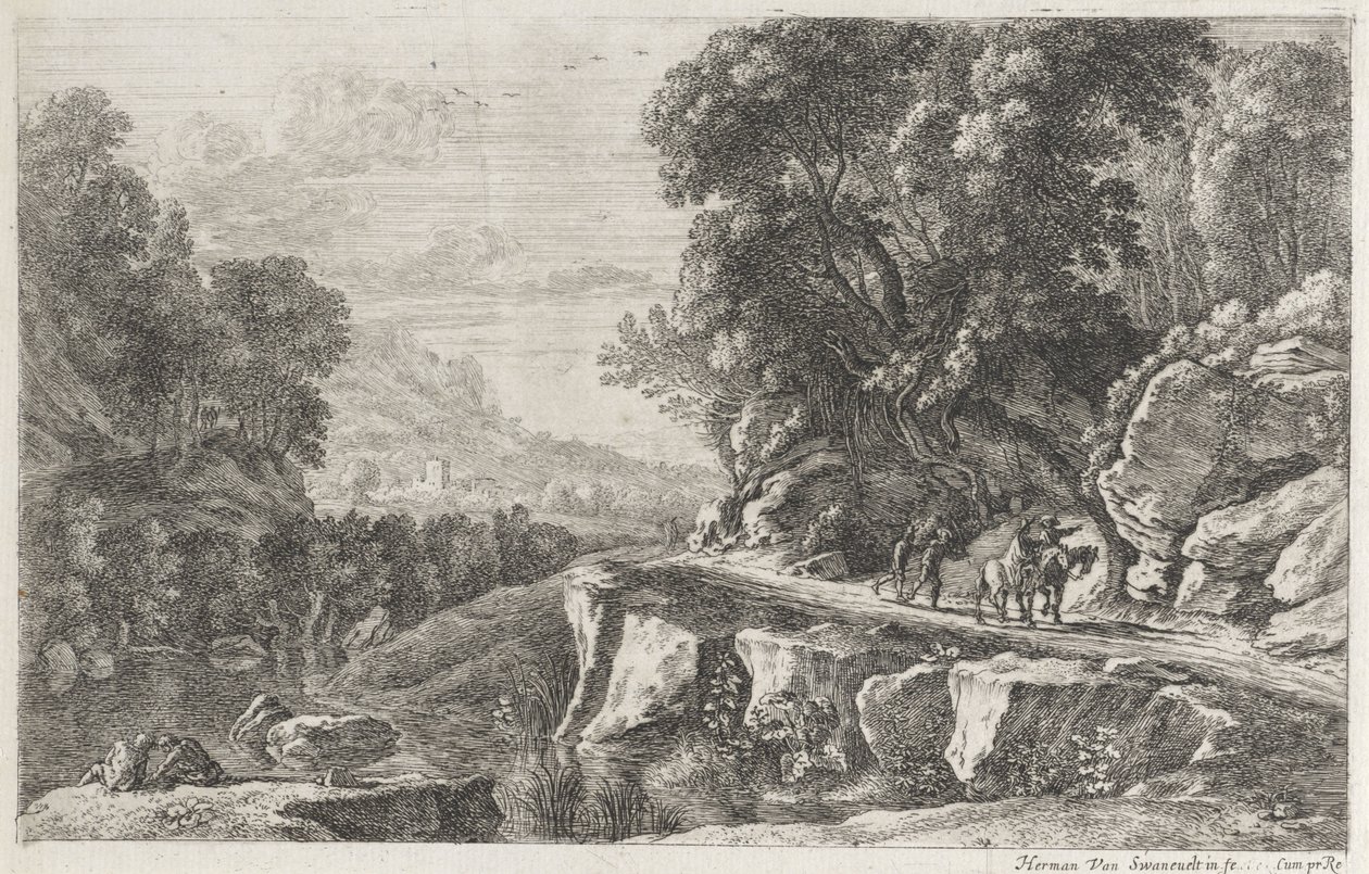 Paisagem com dois cavaleiros
Quatro paisagens fluviais (título da série) de Herman van Swanevelt