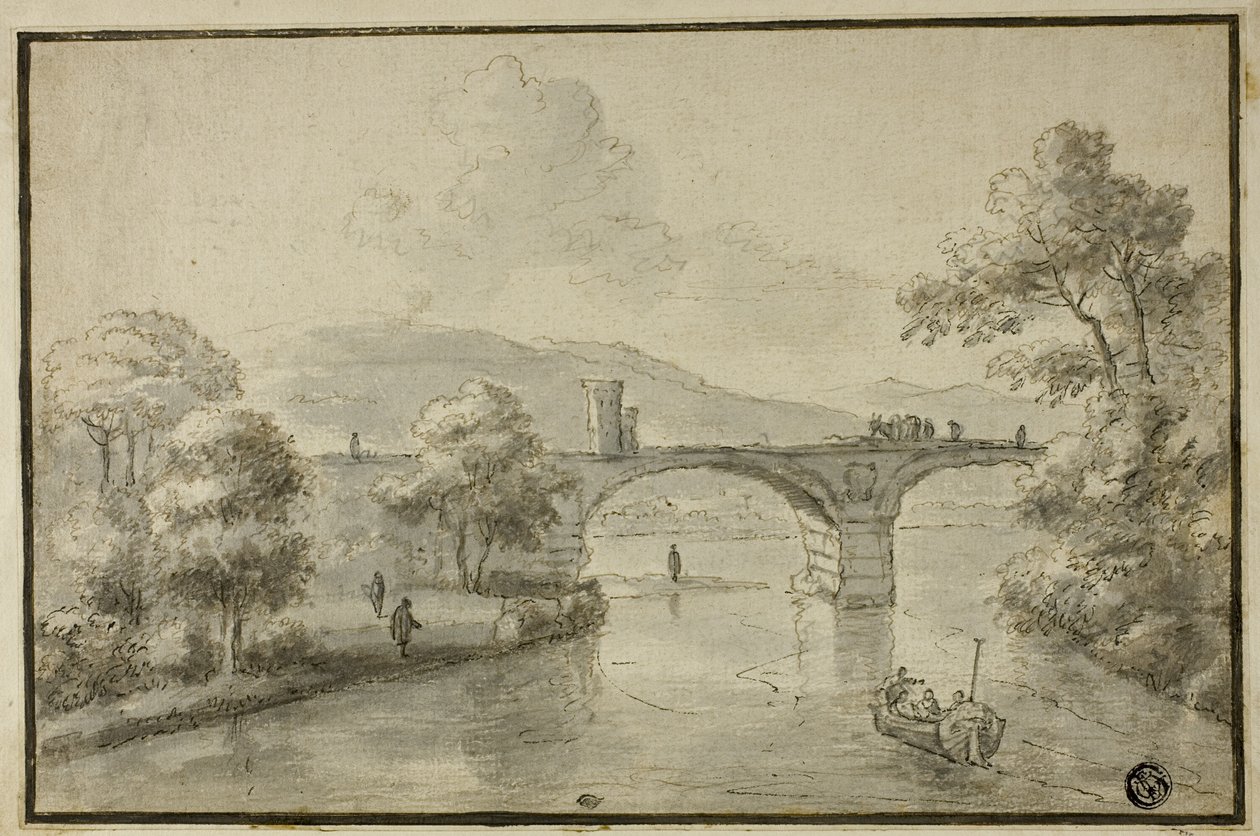 Rio com ponte arqueada e barco de Herman van Swanevelt