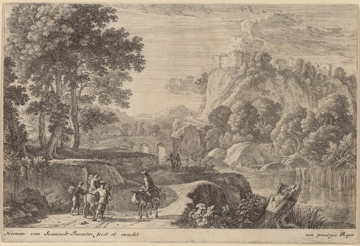 Viajantes na estrada à esquerda de um córrego de Herman van Swanevelt