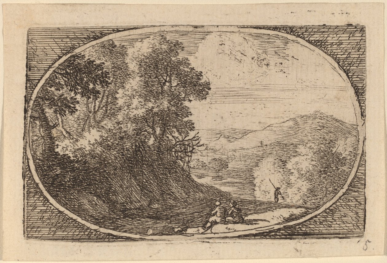 Duas figuras sentadas à direita de uma estrada de Herman van Swanevelt