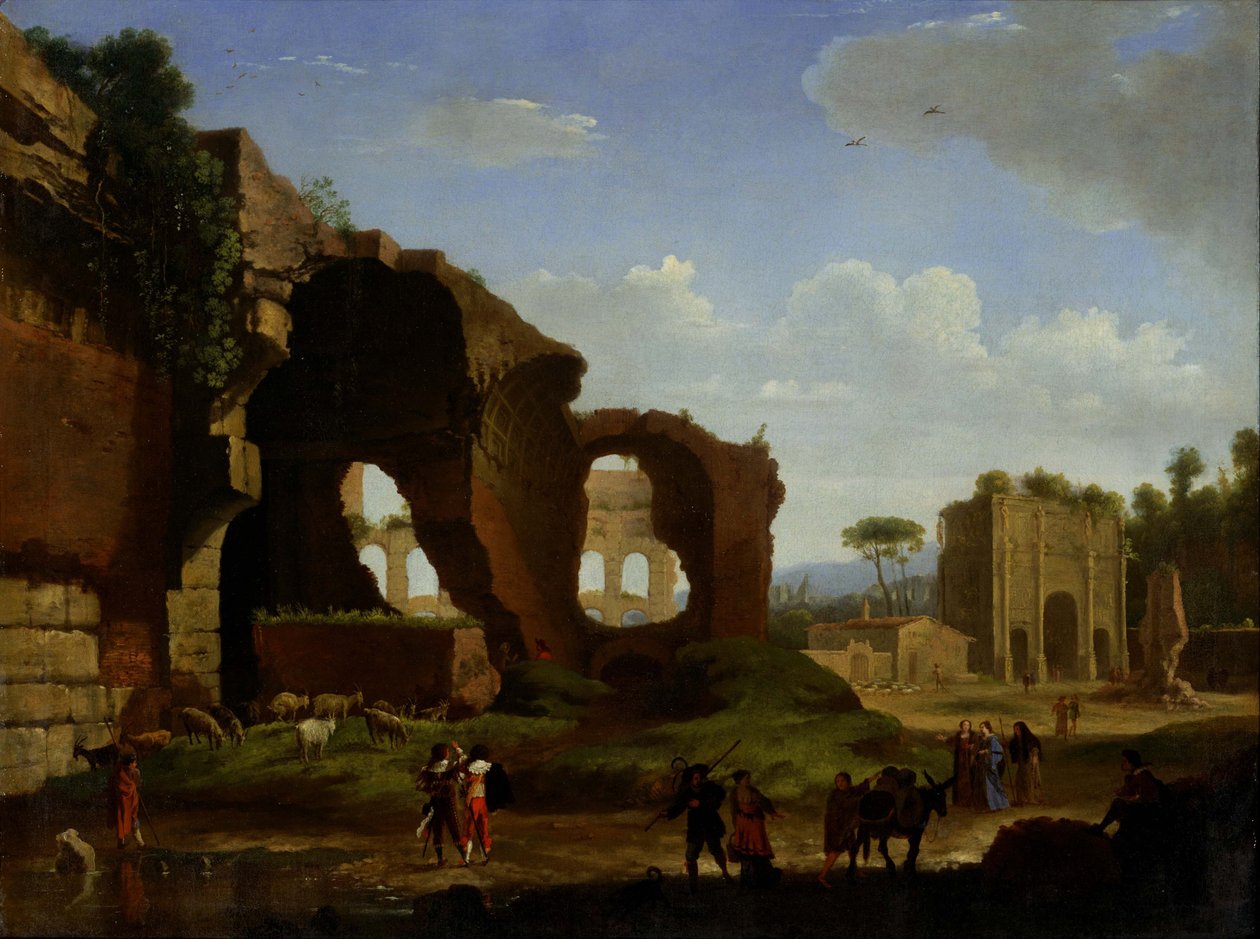 Vista de Roma com Vénus e o templo romano e o Arco do Triunfo de Constantino. de Herman van Swanevelt