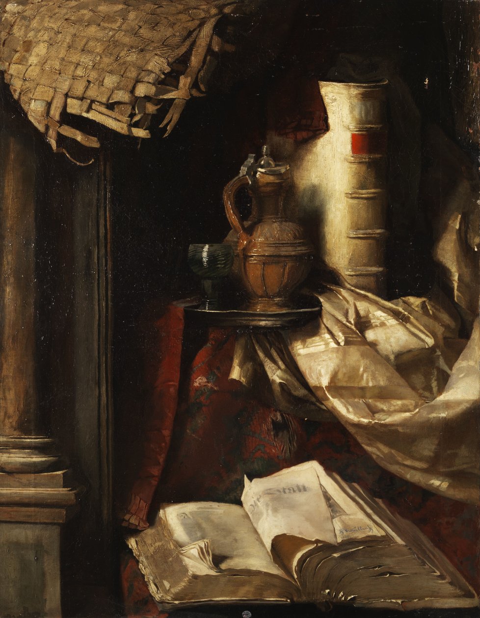 Ainda vida com jarro de livros velhos e copo de vinho de Hermann Kaulbach