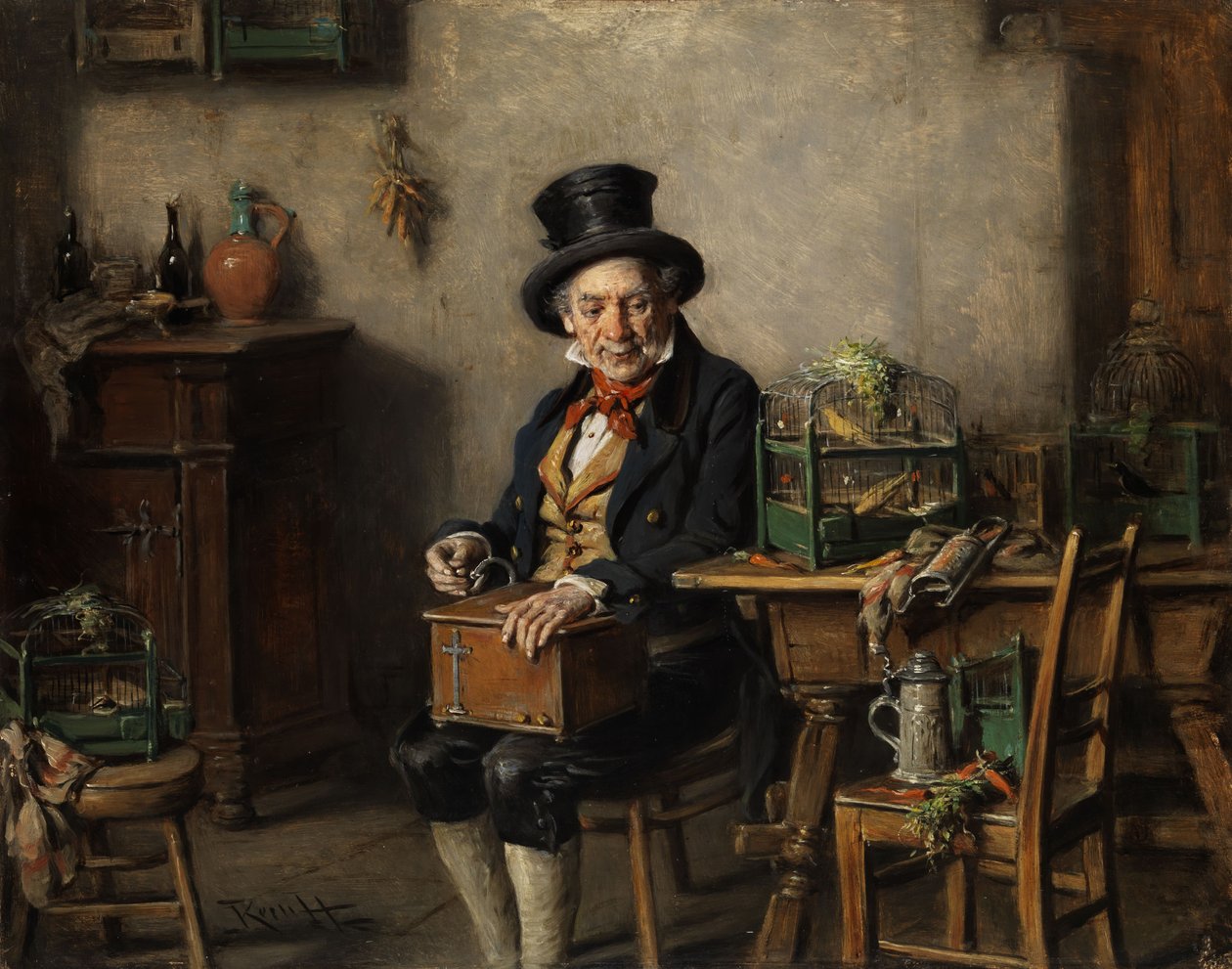 Homem velho, com, caixa música, em, um, birdcage de Hermann Kern