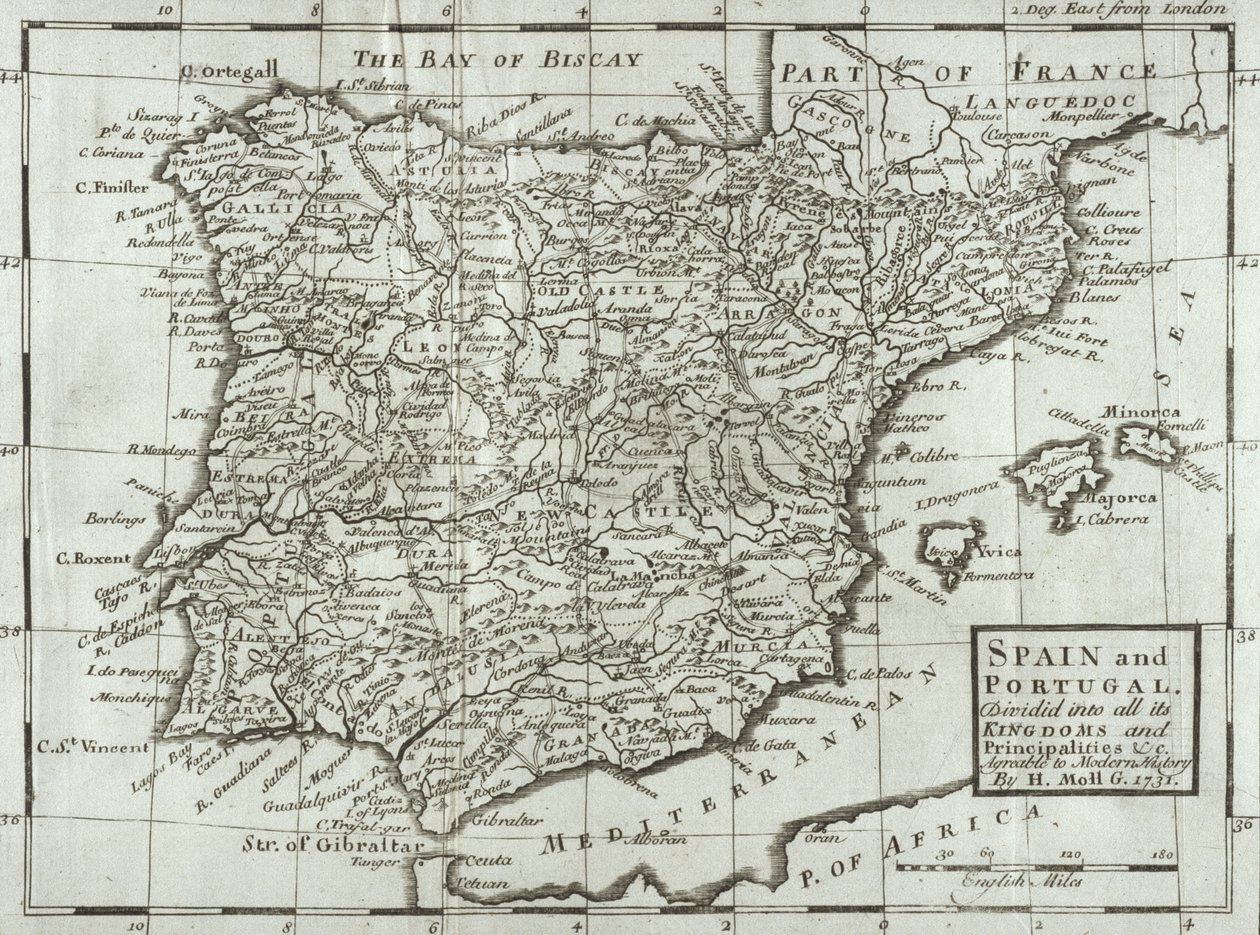 Mapa da Espanha e Portugal, 1731 de Hermann Moll