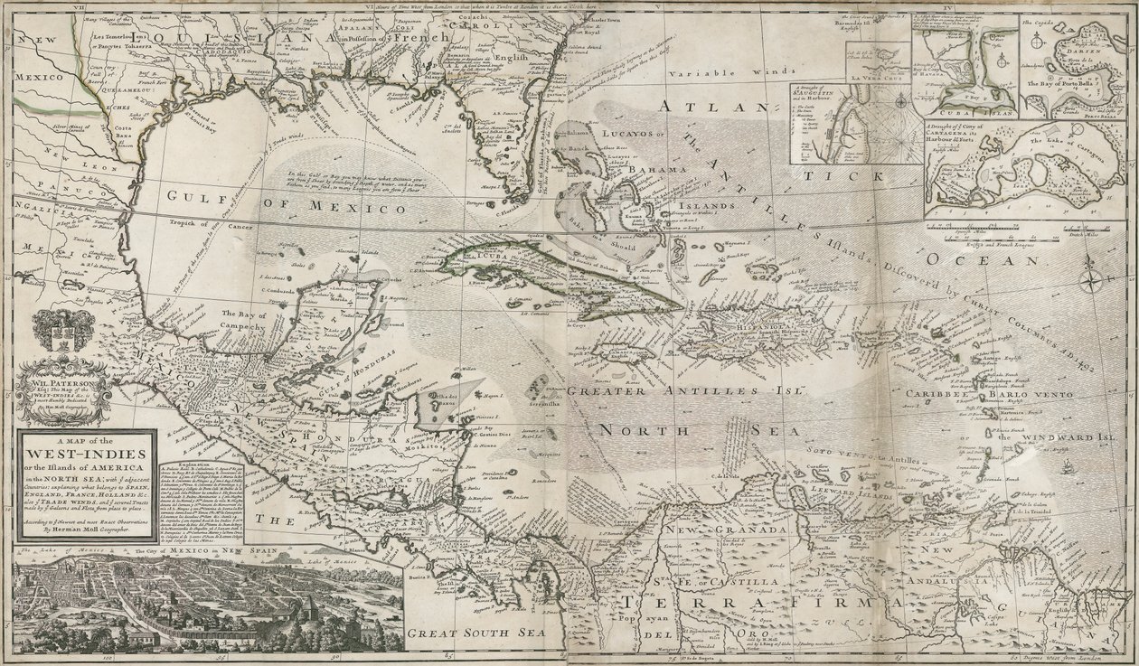 Mapa do Caribe, 1715 (gravura colorida à mão) de Hermann Moll