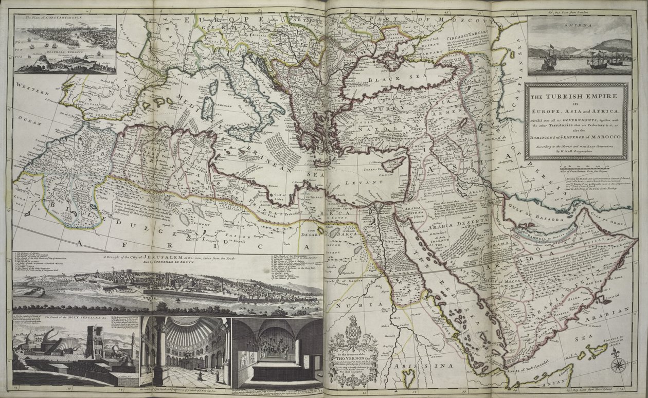 O império turco na Europa, Ásia e África, 1736 (impressão colorida à mão) de Hermann Moll