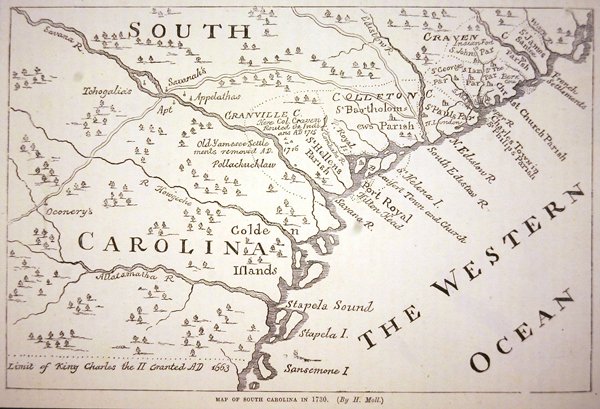 Mapa da Carolina do Sul em 1730 (litho) de Hermann (after) Moll