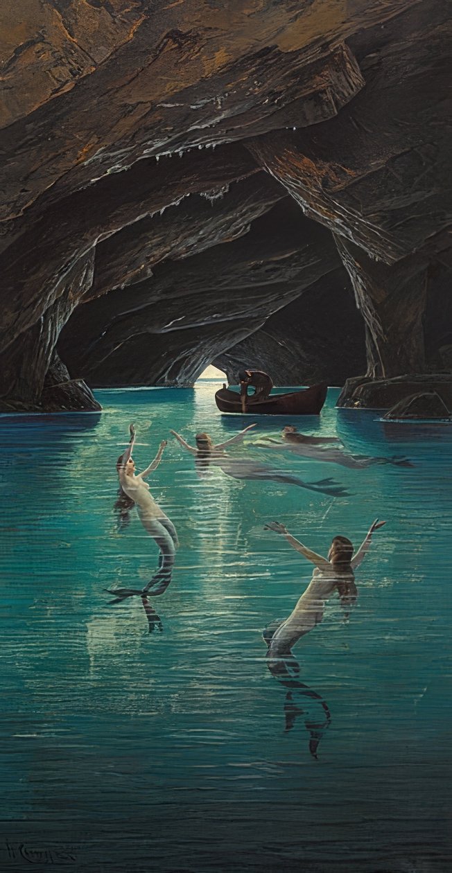 Um pescador e sereias na gruta azul em Capri de Hermann David Salomon Corrodi