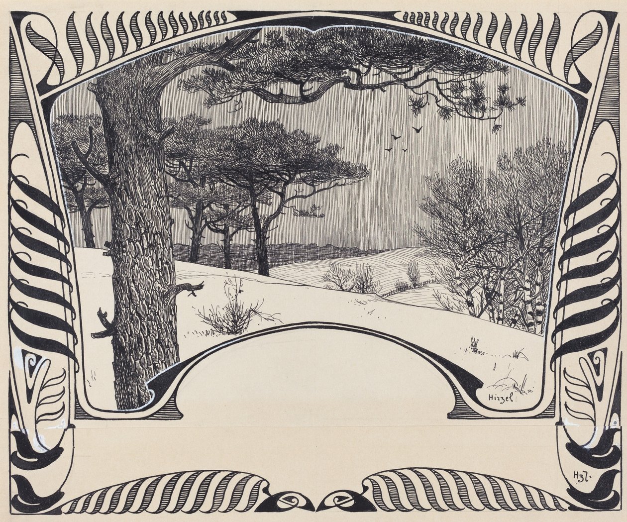 Uma paisagem de inverno dentro de uma fronteira Jugendstil de Hermann Hirzel
