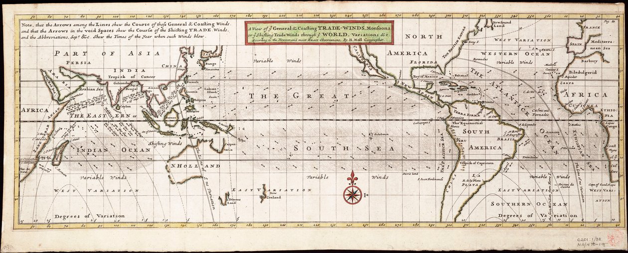 Uma vista dos ventos alísios gerais e costeiros, monções ou ventos alísios inconstantes através do mundo, variações... de acordo com as mais recentes e exactas observações, c.1715 (gravura a cores) de Hermann Moll