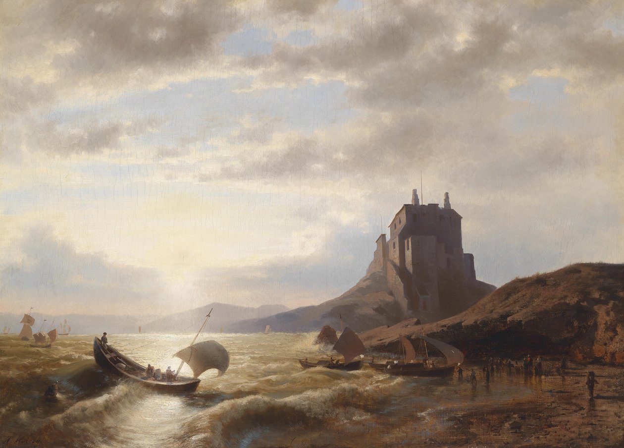Paisagem costeira com pescadores de Hermann Ottomar Herzog
