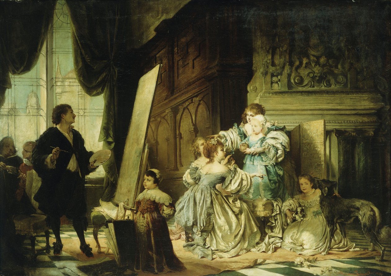 Van Dyck em seu estúdio Pintando um retrato de Carlos, Príncipe de Gales, Filho de Carlos I, 1876 de Hermann Schneider