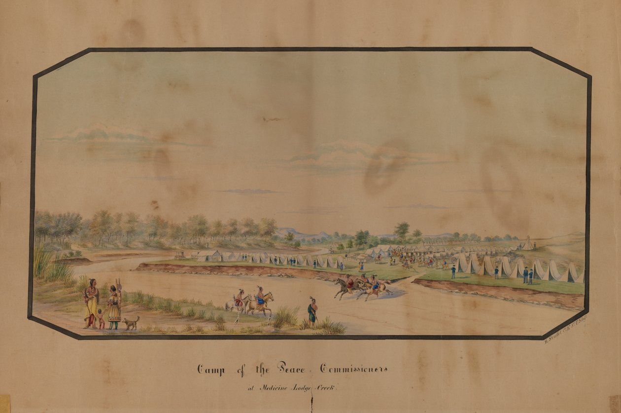 Acampamento dos Comissários da Paz em Medicine Lodge Creek, 1867. de Hermann Stieffel