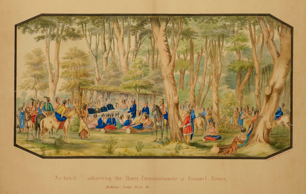 Sa-tan-ti Dirigindo-se aos Comissários da Paz em Council Grove, Medicine Lodge Creek, 1867. de Hermann Stieffel