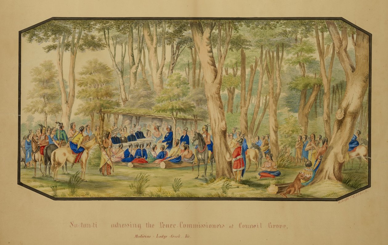 Sa-tan-ti dirigindo-se aos Comissários da Paz em Council Grove, Medicine Lodge Creek de Hermann Stieffel
