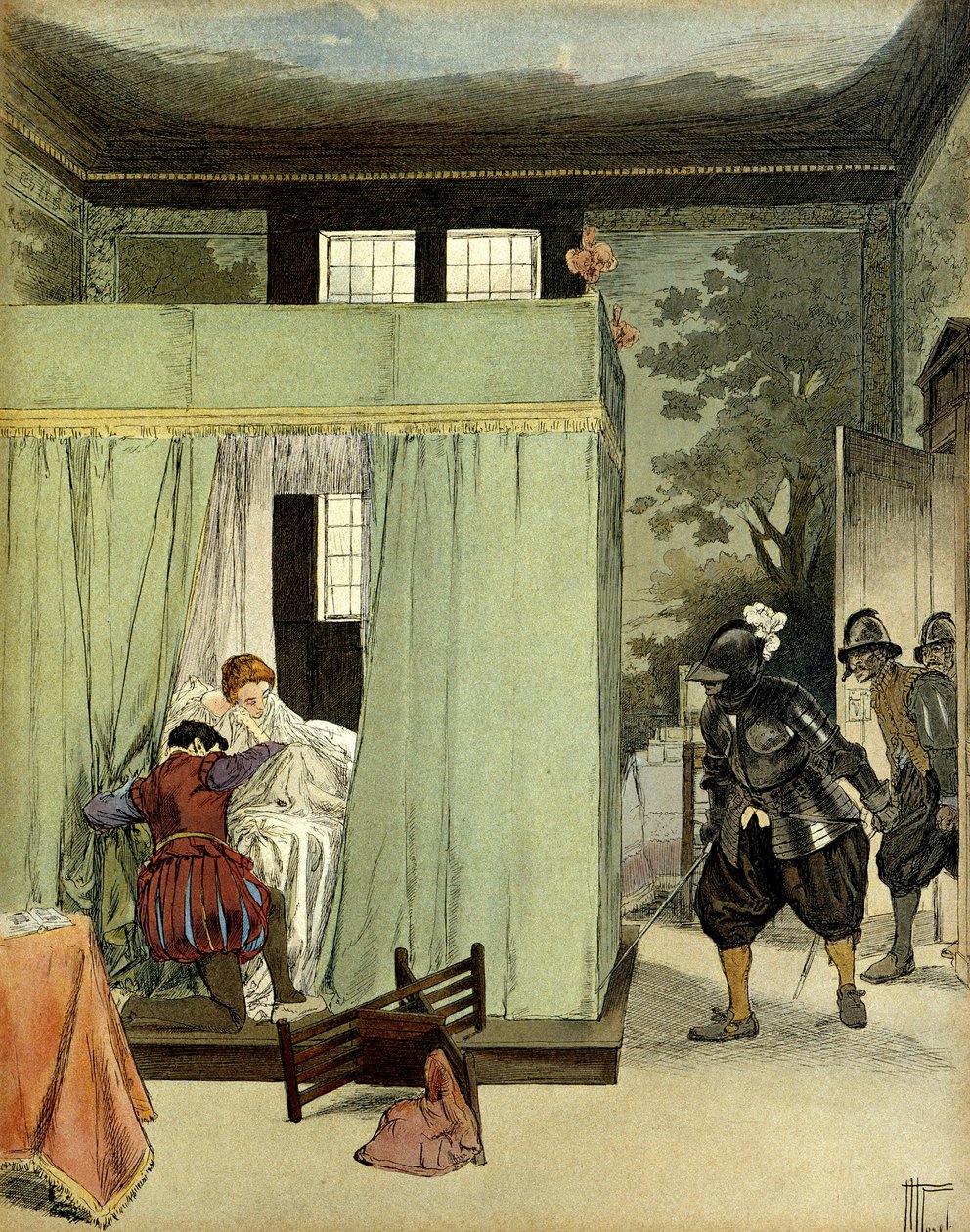 Um senhor protestante encontra refúgio no leito de Marguerite de Valois, rainha de França, conhecida como Rainha Margot (1553-1615), no dia de São Bartolomeu (Saint-Barthelemy), a 24 de Agosto de 1572. Ilustração de Hermann Vogel (1856-1918) em "Henri IV". de Hermann Vogel