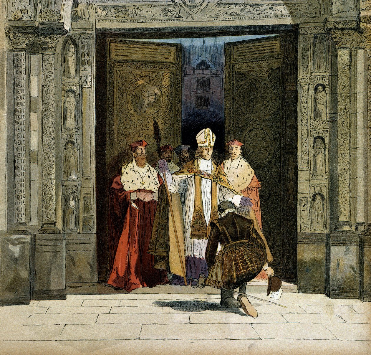 Abjuração de Henrique IV (1553-1610) na abadia de Saint Denis, na presença do arco de Bourges, Renaud de Beaune (1527-1606). O rei abjure Protestantismo em 25 de julho de 1593. Ilustração de Hermann Vogel (1856-1918) em "Henri IV". de Hermann Vogel