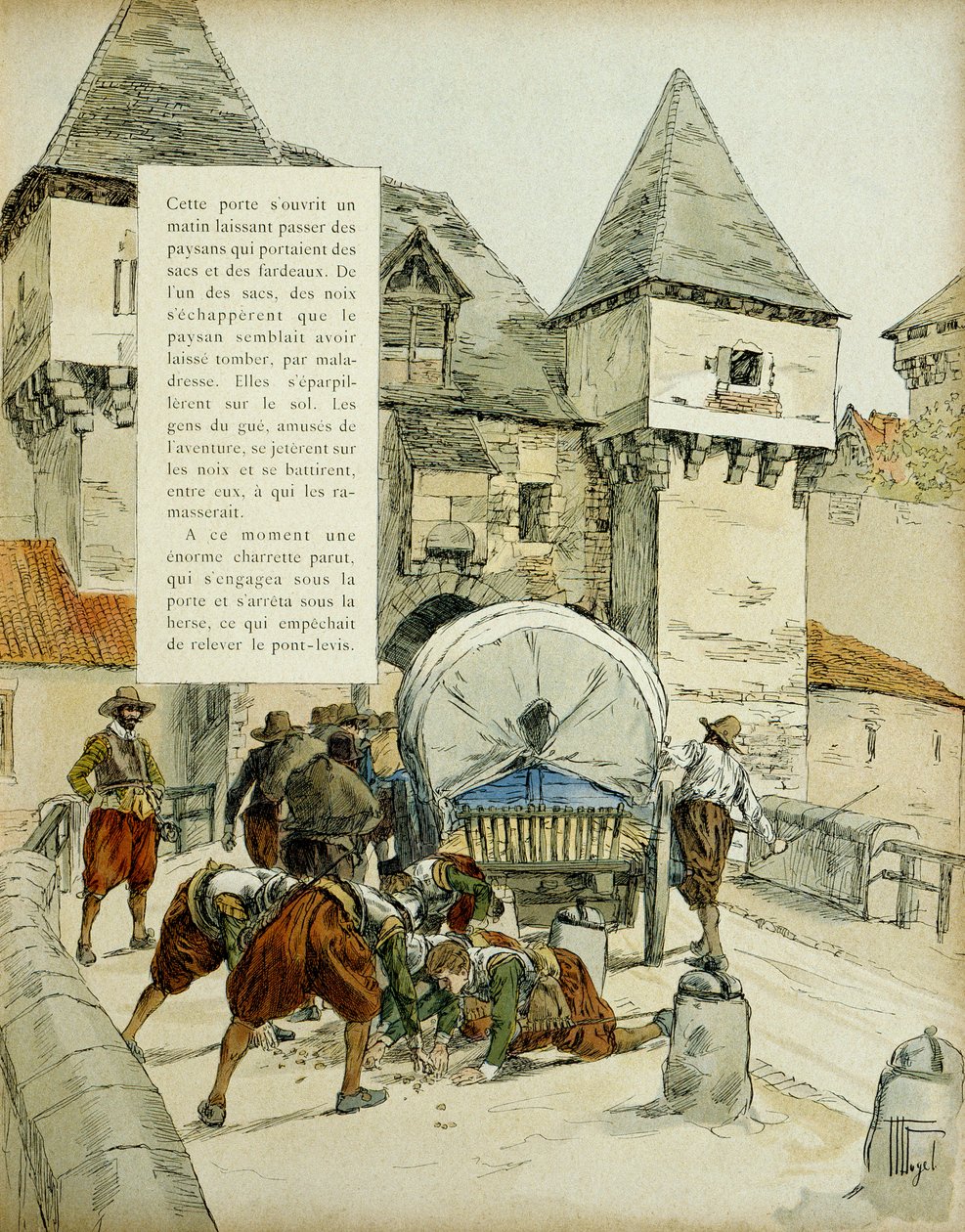 Surpresa de Amiens. Os espanhóis usaram um truque para tomar a cidade de Amiens, em 11 de março de 1597, bloqueando a grade com uma carroça. Ilustração, 1907, de Hermann Vogel de Hermann Vogel