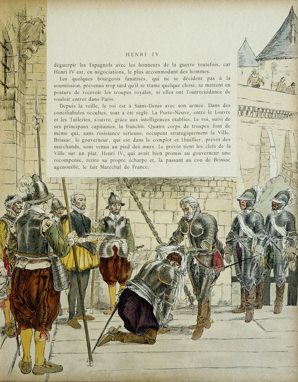 Carlos II de Cosse Brissac (Cosse-Brissac) (1562-1621 ou 1626) feito marechal da França por Henri IV (1553-1610) antes de entrar em Paris em 22 de março de 1594. O antepassado dos mercadores Jean Lhuillier (?) ao lado tem as chaves da cidade. Ilustração 19 de Hermann Vogel