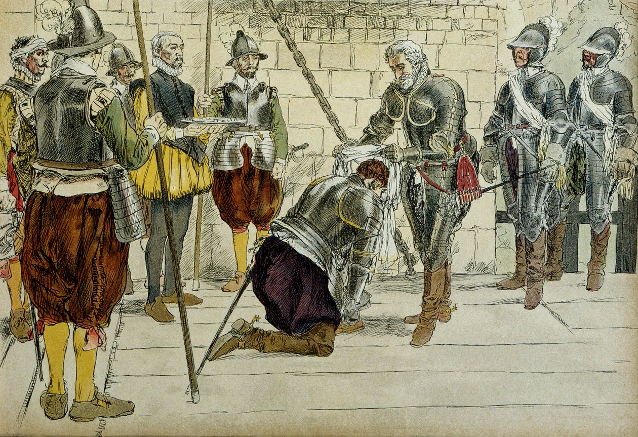 Carlos II de Cosse Brissac (Cosse-Brissac) (1562-1621 ou 1626) feito marechal da França por Henri IV (1553-1610) antes de entrar em Paris em 22 de março de 1594. O antepassado dos mercadores Jean Lhuillier (?) ao lado tem as chaves da cidade. Ilustração 19 de Hermann Vogel