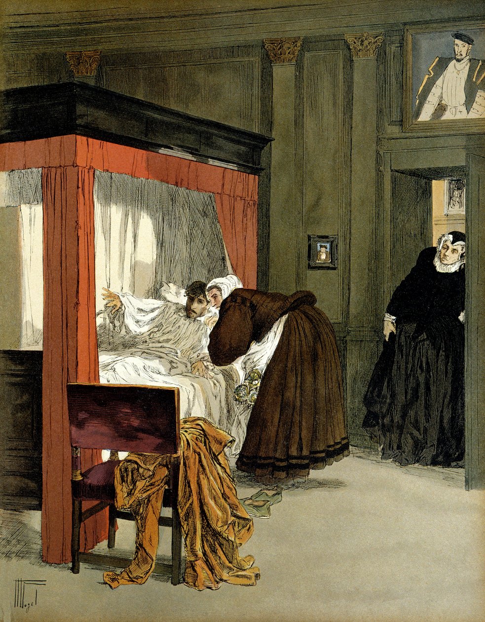 Carlos IX (1550-1574), rei da França, morrendo com a sua enfermeira. Ilustração de Hermann Vogel (1856-1918) em "Henri IV". de Hermann Vogel