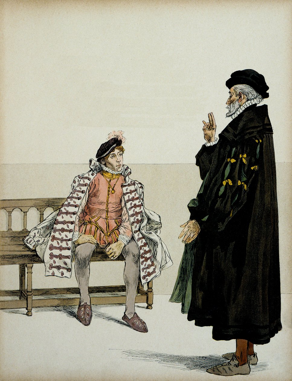 Henri IV (1553-1610) antes do seu professor La Gaucherie. Ilustração de Hermann Vogel (1856-1918) em "Henri IV". de Hermann Vogel