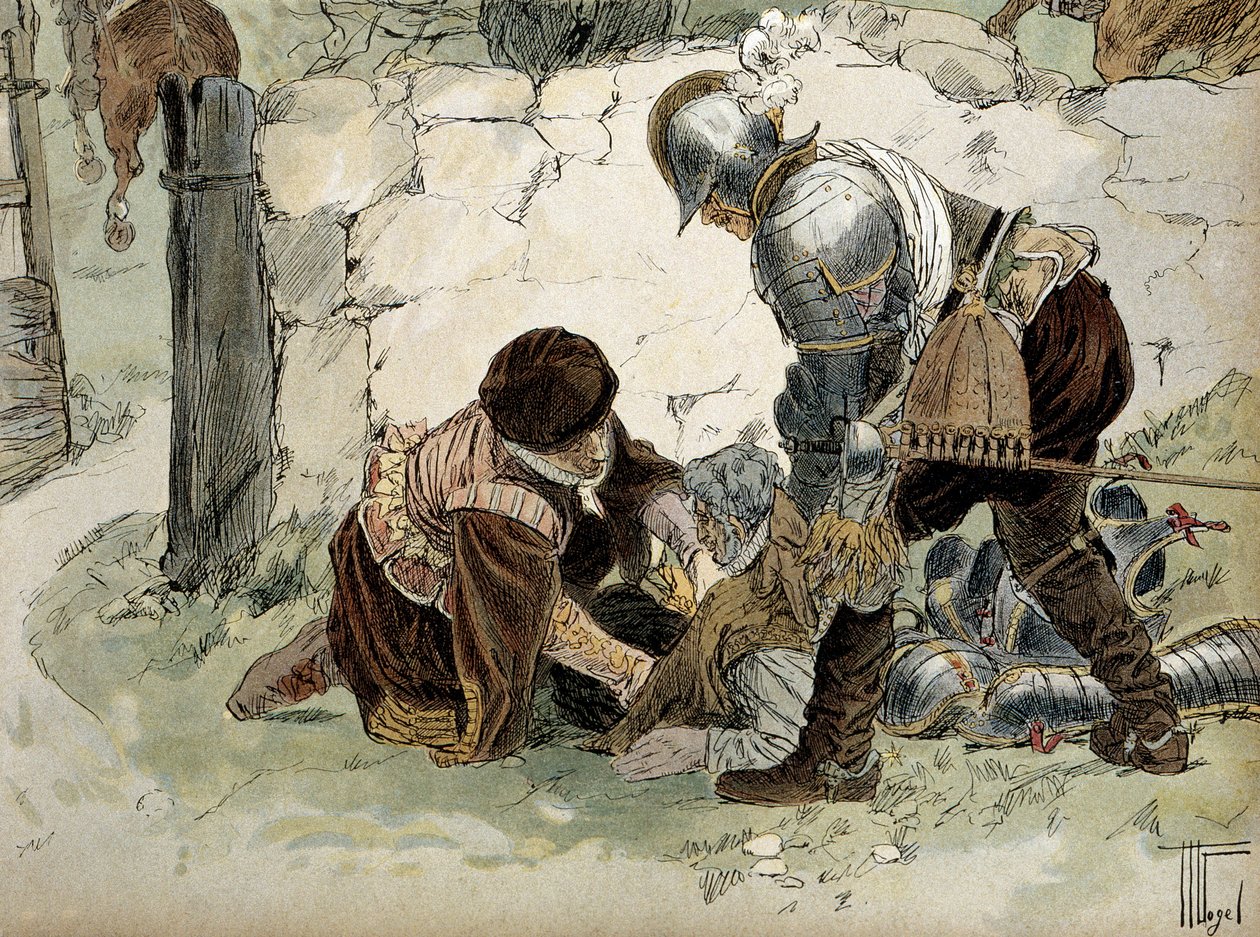 Henri IV (1553-1610) ferido durante um reconhecimento no Aumale contra o exército Mayenne. Ilustração de Hermann Vogel (1856-1918) em "Henri IV". de Hermann Vogel