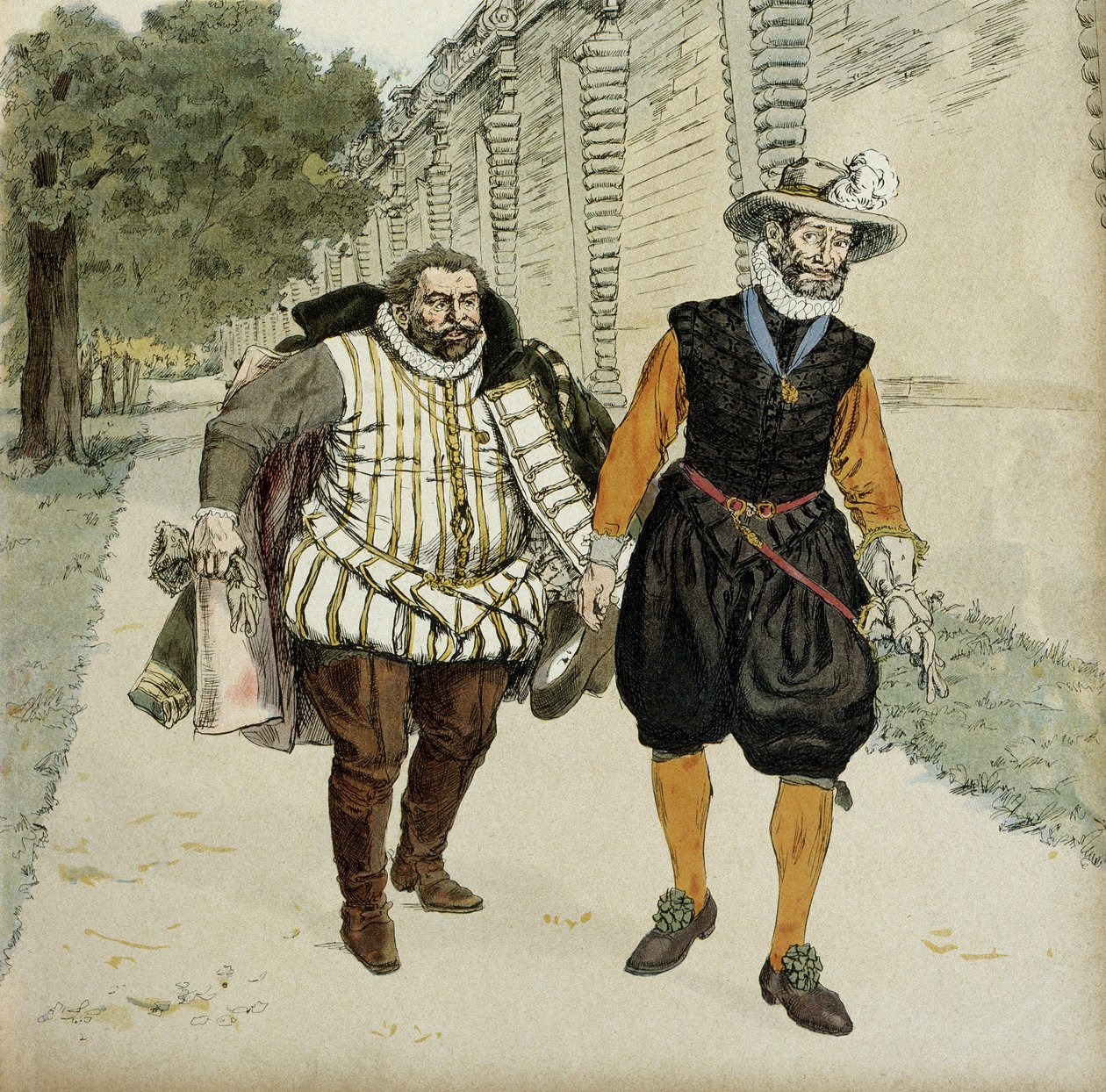 Henrique IV (1553-1610) e Charles de Lorraine, Duque de Mayenne (1554-1611). Primeira entrevista conciliatória entre os dois inimigos, Mayenne, líder dos legueurs e o rei, nos jardins do Castelo de Montceaux, no Brie, em 1596. Ilustração de Hermann Vogel