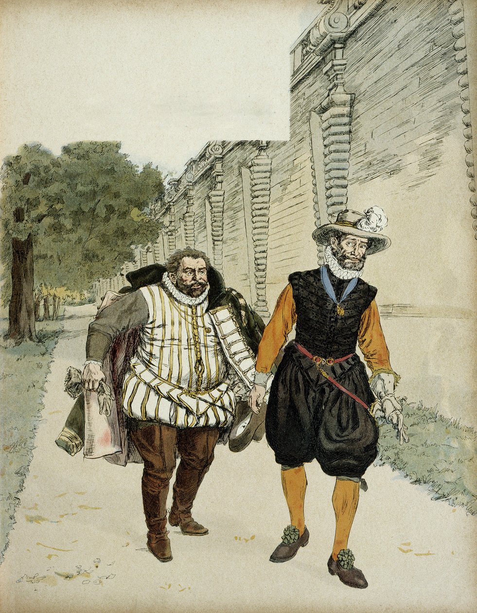 Henrique IV (1553-1610) e Charles de Lorraine, Duque de Mayenne (1554-1611). Primeira entrevista conciliatória entre os dois inimigos, Mayenne, líder dos legueurs e o rei, nos jardins do Castelo de Montceaux, no Brie, em 1596. Ilustração de Hermann Vogel