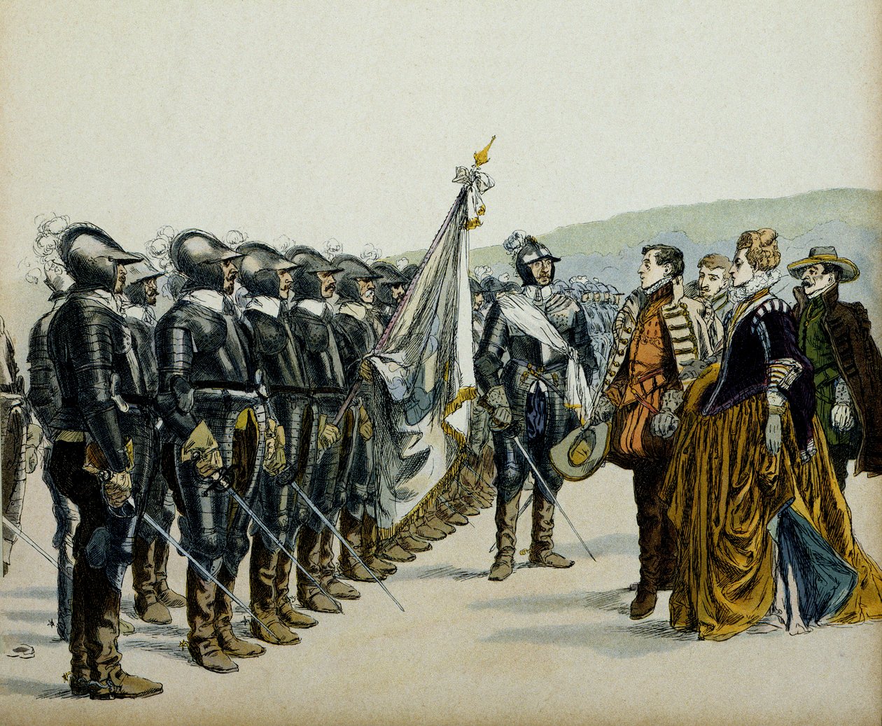 Joana de Albret ou Joana III de Albret (1528-1572) e seu filho Henrique IV (1553-1610) diante de suas tropas protestantes. Ilustração de Hermann Vogel (1856-1918) em "Henri IV". de Hermann Vogel