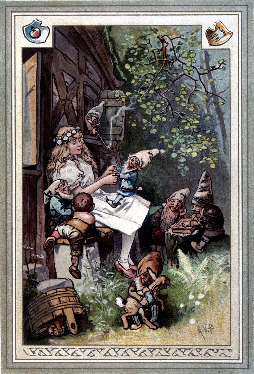 Kinder und hausmarchen (Contos da infância e do lar) (1812): as fábulas dos irmãos Grimm. Capa de Hermann Vogel 1894 representando a Branca de Neve e os sete anões. de Hermann Vogel
