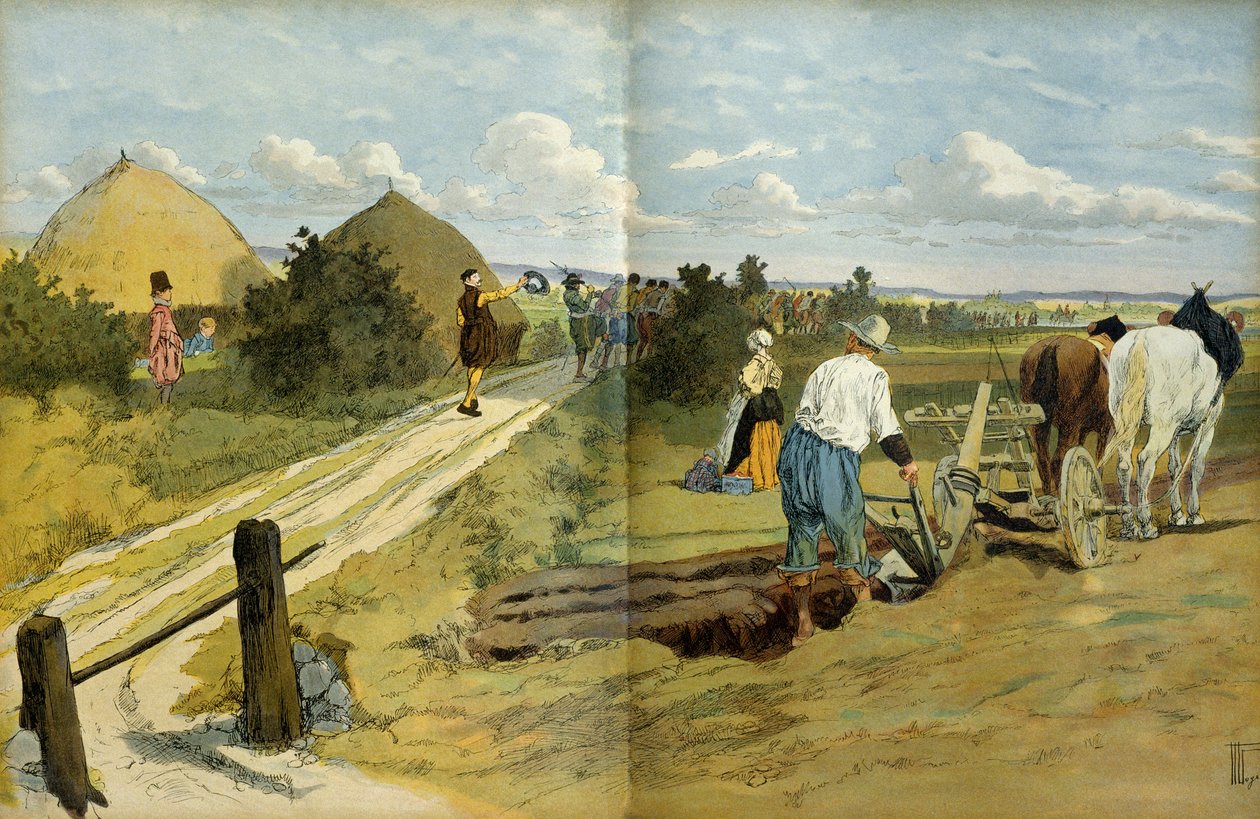 Os camponeses viram a passagem de saqueadores e saqueadores capturados pelo exército real de Henrique IV (1553-1610). Ilustração de Hermann Vogel