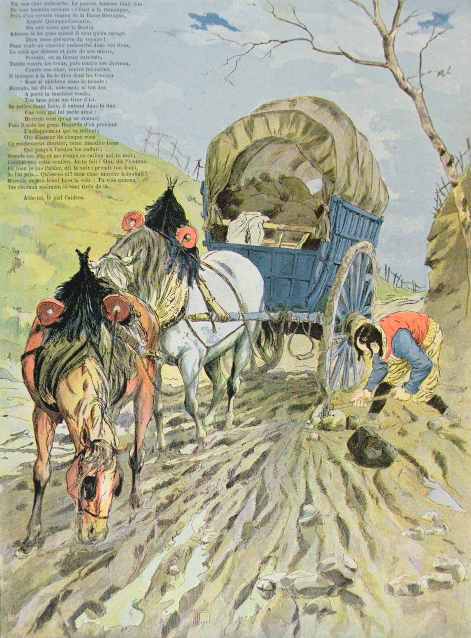 O carro preso na lama, de fábulas por Jean de La Fontaine (1621-95) 1888 (gravura de cor) de Hermann Vogel