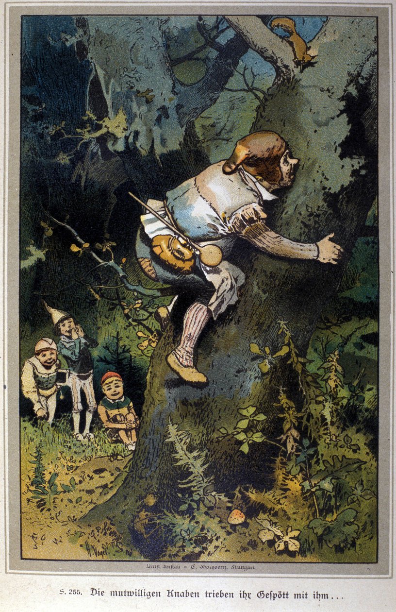 O rapaz atrevido era o motivo de riso de todos. Conto dos irmãos Jacob Grimm (1785-1863) e Wilhelm Grimm (1786-1859). Ilustração de Vogel. de Hermann Vogel