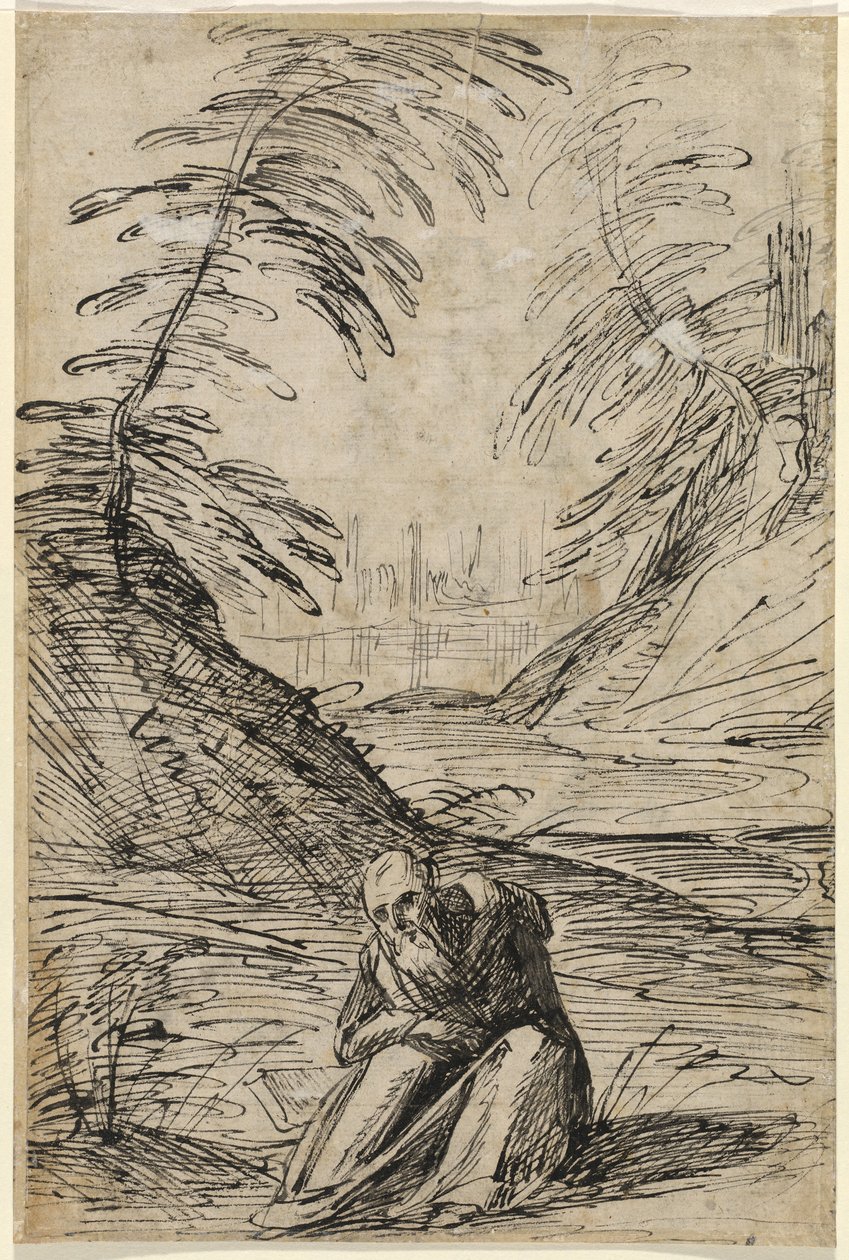Paisagem do deserto com um eremita (verso) de Hermann Weyer