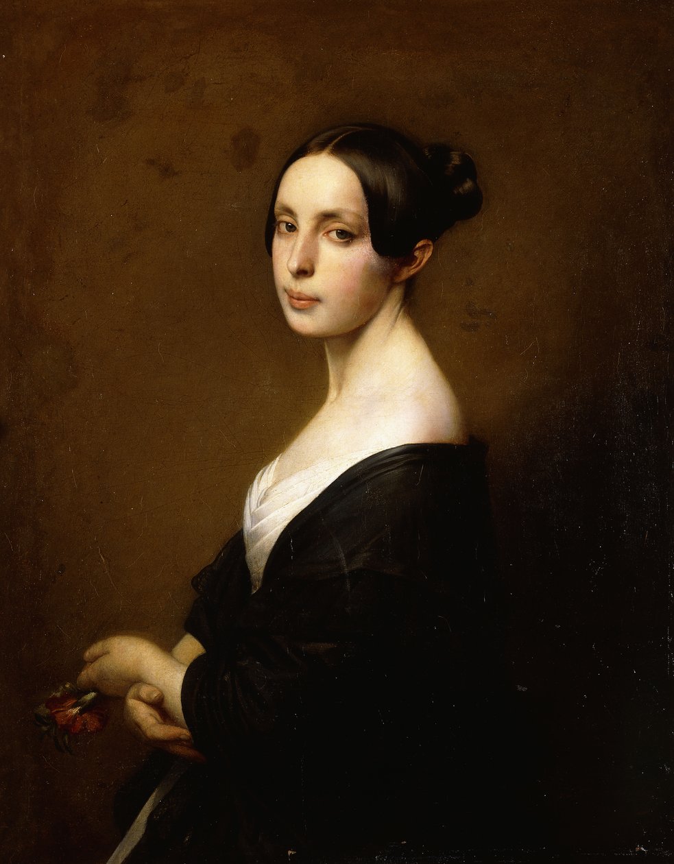 Retrato de uma senhora, metade do comprimento usando um vestido preto e segurando um cravo, de Hermann Winterhalter
