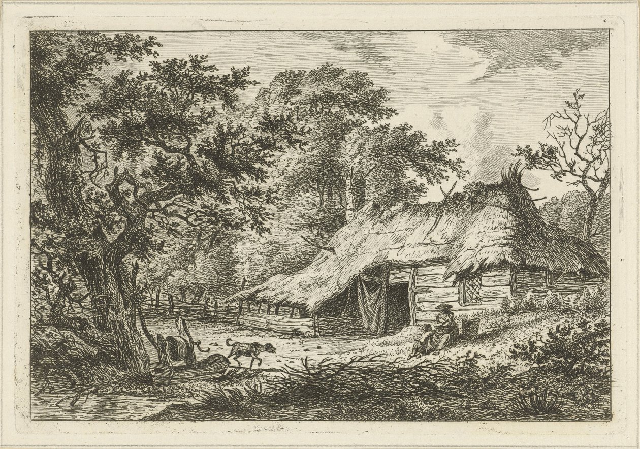 Casa de campo com mulher, criança e cão de Hermanus Fock