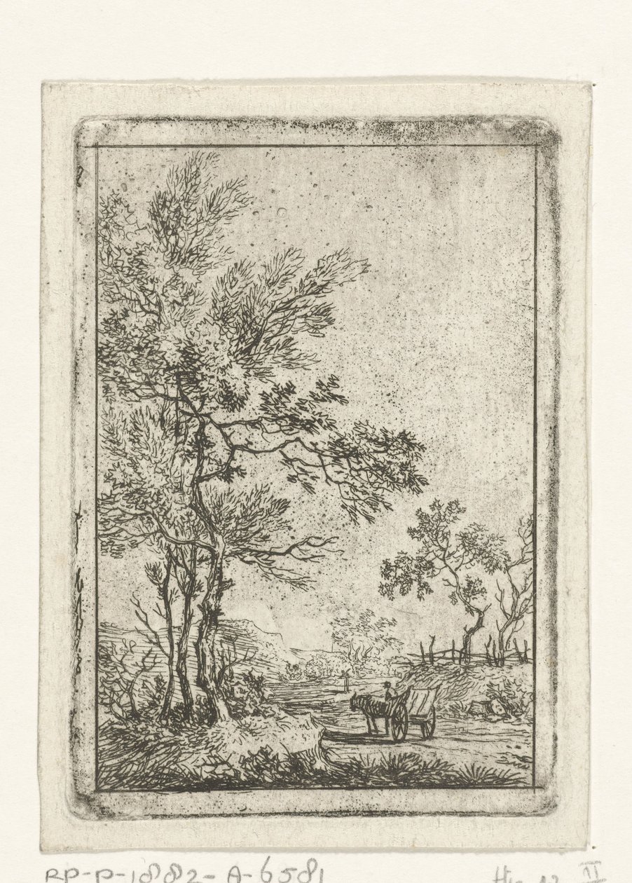 Paisagem com árvores altas e cavalo e carruagem de Hermanus Fock