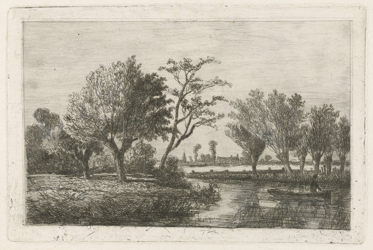 Rio com um pescador num barco de Hermanus Jan Hendrik van Rijkelijkhuysen