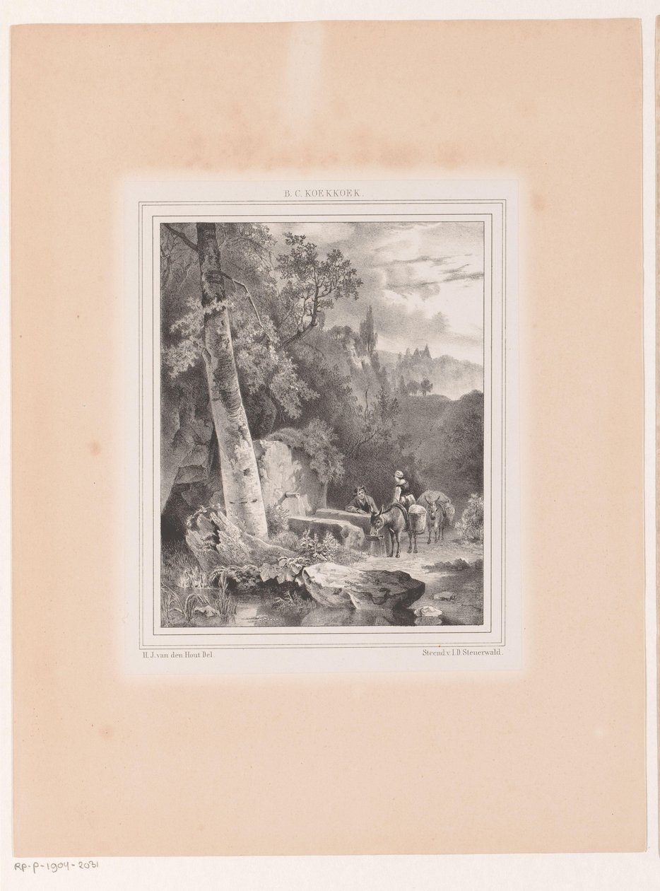 Paisagem com um homem, uma mulher e dois burros em um poço de Hermanus Johannes van den Hout