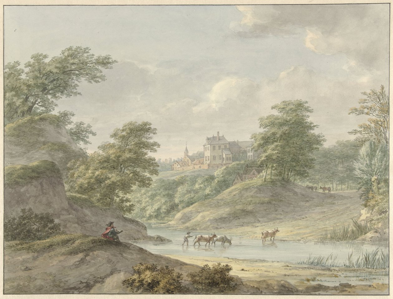 Paisagem com um desenhista sentado e um castelo à beira d