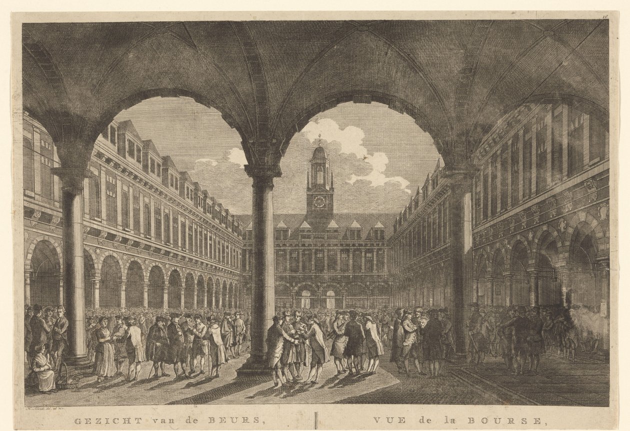 Vista do pátio da Bolsa de Valores por Hendrik de Keyser
Vista da Bolsa, Amesterdão / Vue de la Bourse, à Amsterdam (título sobre o objecto) de Hermanus Petrus Schouten (possibly)