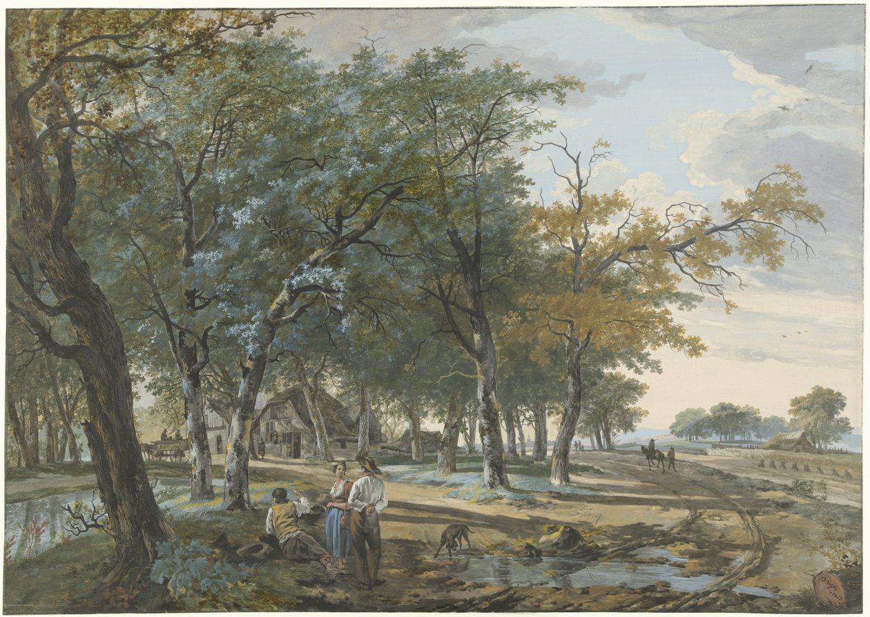 Paisagem com uma casa entre árvores e uma estrada ao longo dos campos de Hermanus van Brussel