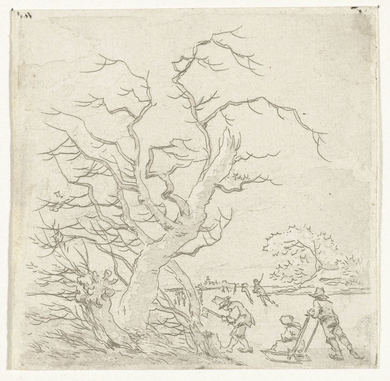 Paisagem de inverno com patinadores e lenhador de Hermanus van Brussel