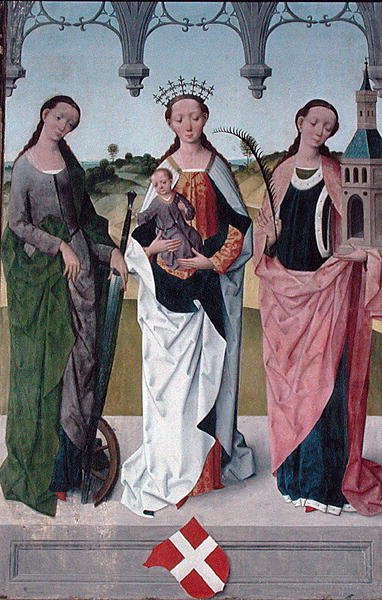 Santa Catarina, a Virgem Maria e Santa Bárbara, do Alto Altar da Igreja de São Nicolau, 1481 (detalhe) (ver 197688-90, 197692) de Hermen Rode