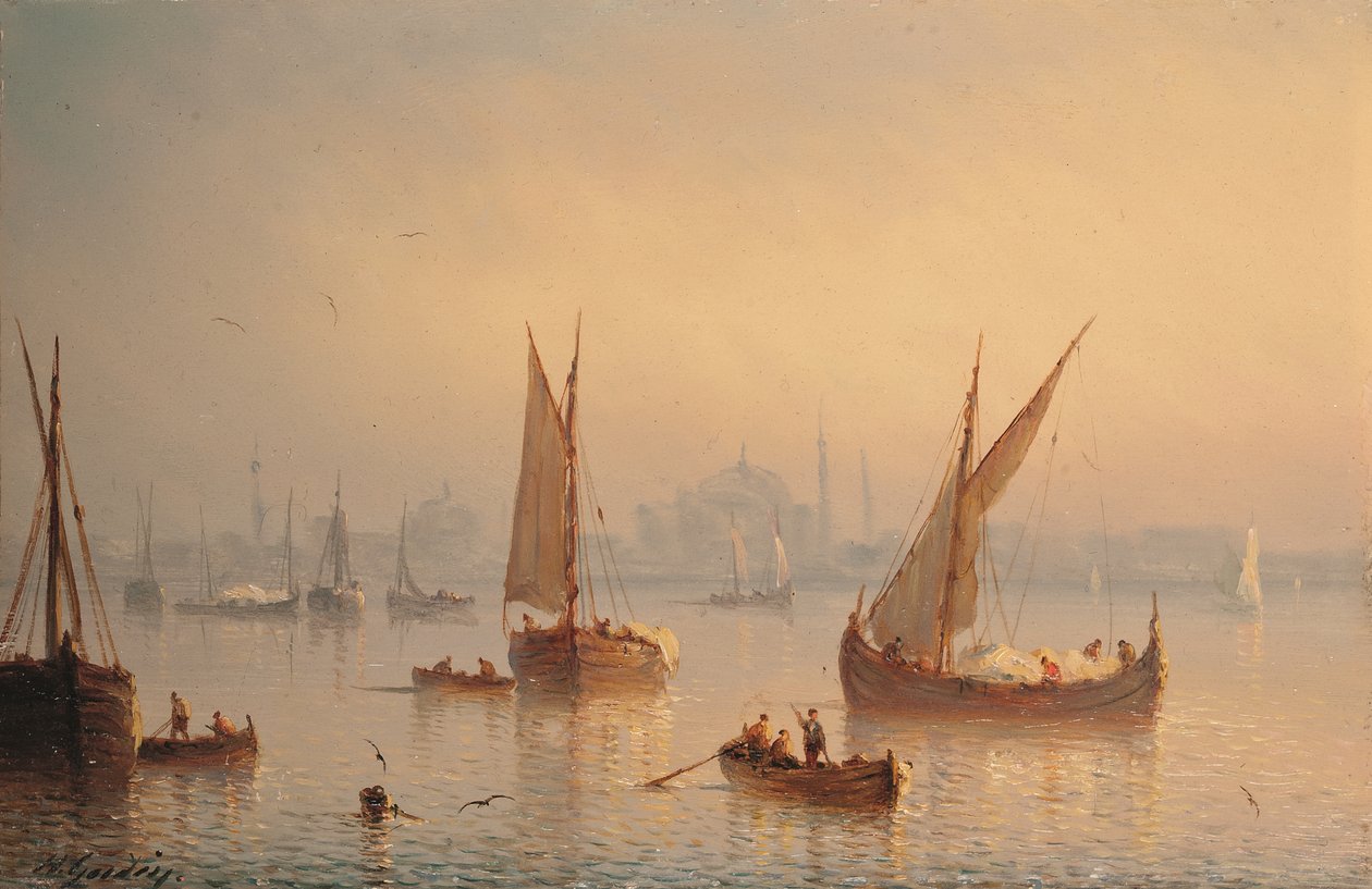 Navios no Bosphourus, Hagia Sophia Mesquita do além (óleo sobre painel) de Herminie or Henriette (fl.1849 53) Gudin
