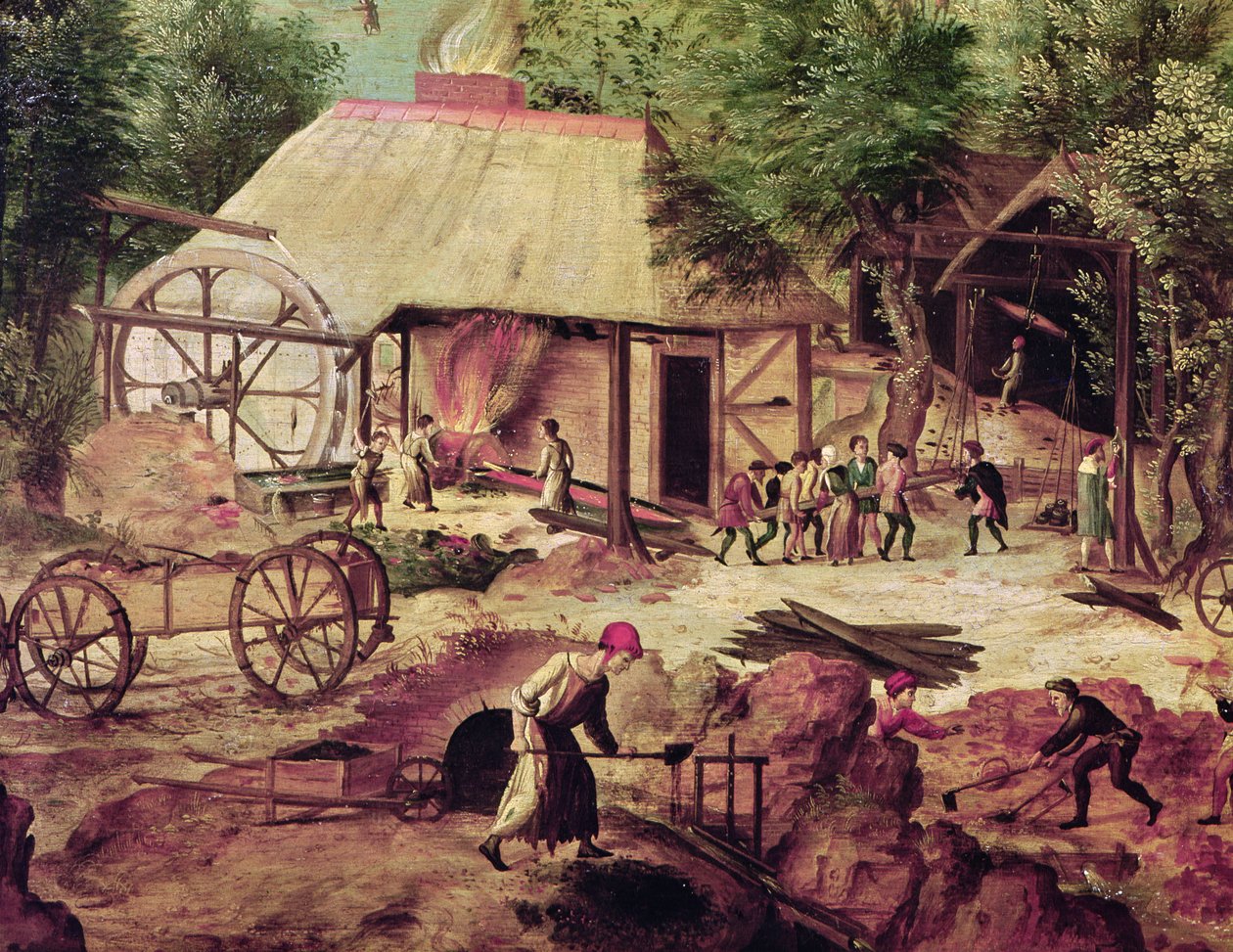 Paisagem com Forge, detalhe da fundição (detalhe de 316368) de Herri met de Bles
